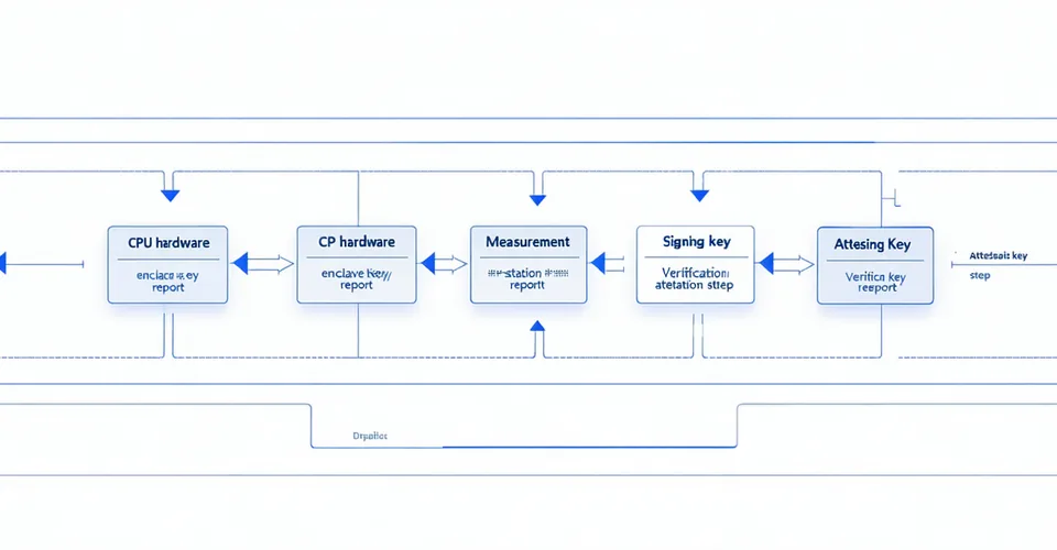 Attestation flow diagram showing the chain from hardware CPU through enclave measurement to signed attestation report and relying party verification