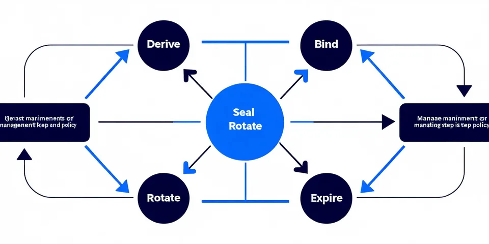 Key lifecycle diagram showing sealed key derivation inside enclave, rotation policy, and scope binding to workload identity